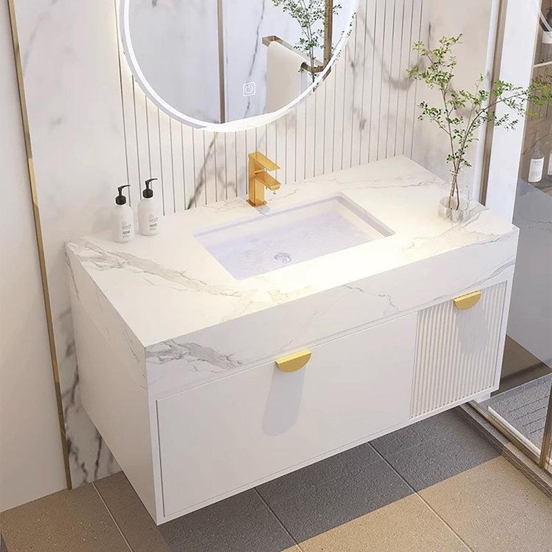 Beyaz Endüstriyel Ahşap Duvara Monte Çekmeceli Sinterlenmiş Taş Tezgahlı Banyo Lavabo Dolabı - 92 cm - 197625