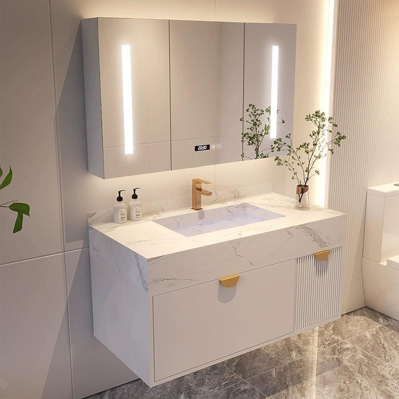 Beyaz Endüstriyel Ahşap Duvara Monte Çekmeceli Sinterlenmiş Taş Tezgahlı Banyo Lavabo Dolabı - 92 cm - 197625