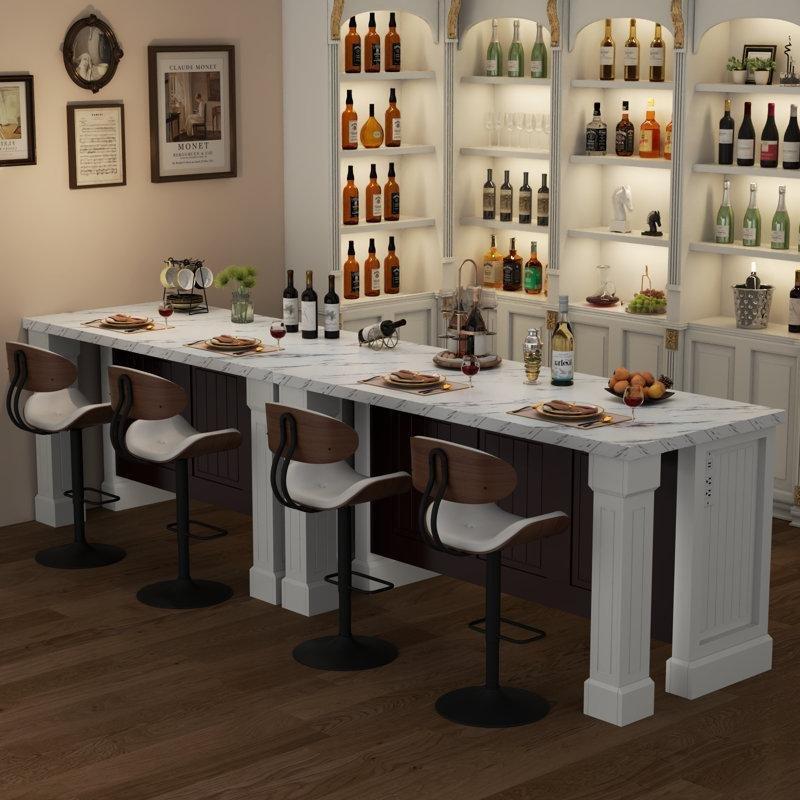 Beyaz Endüstriyel Ahşap Mermer Desenli Roma Sütunu Tasarımlı Şarj Üniteli Bar Masası - 161x80 cm - 231338