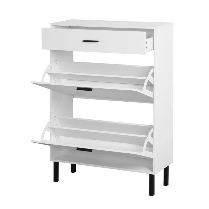 Beyaz Endüstriyel Ahşap Metal Ayaklı Çekmeceli Düşer Kapaklı Ayakkabılık - 81x25x111 cm - 227947