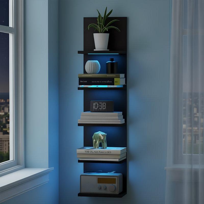Beyaz Endüstriyel Ahşap RGB Led Işıklı 5 Raflı Kademeli Duvar Rafı - 120x19x30 cm - 179644