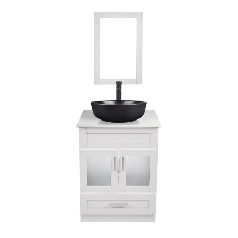 Beyaz Endüstriyel Ahşap Tezgahlı Aynalı Çekmeceli Ayaklı Çanak Lavabolu Banyo Dolabı - 61 cm - 200090