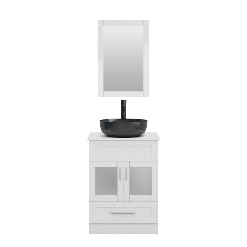 Beyaz Endüstriyel Ahşap Tezgahlı Aynalı Çekmeceli Ayaklı Çanak Lavabolu Banyo Dolabı - 61 cm - 200090