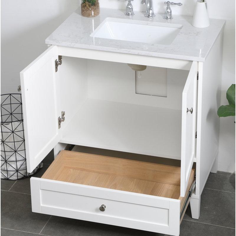 Beyaz Endüstriyel Mermer Tezgahlı Masif Ahşap Ayaklı Çekmeceli Banyo Lavabo Dolabı - 77 cm - 201366