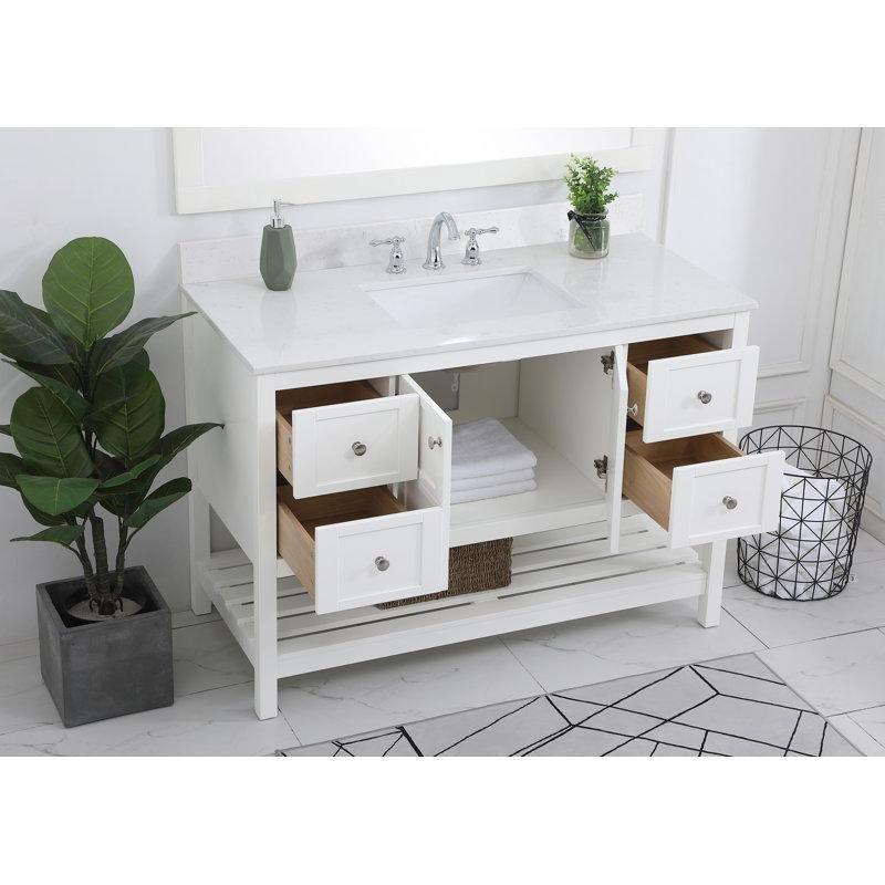 Beyaz Endüstriyel Mermer Tezgahlı Masif Ahşap Yavaş Kapanır Çekmeceli ve Raflı Banyo Lavabo Dolabı - 122 cm - 198170