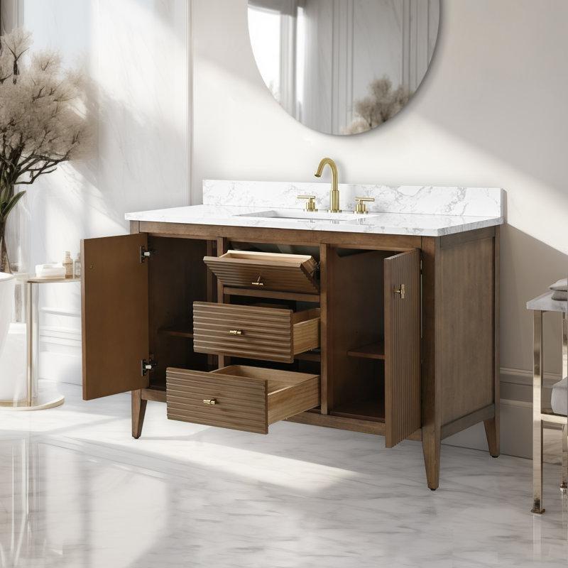Beyaz Endüstriyel Mermer Tezgahlı Masif Kavak Ağacı Yavaş Kapanır Çekmeceli Banyo Lavabo Dolabı - 122 cm - 198733