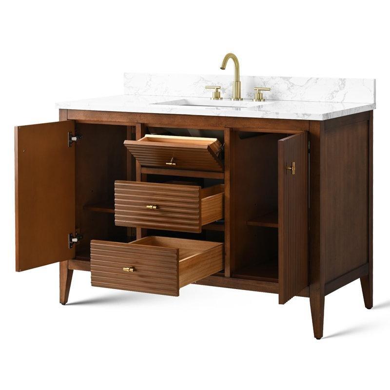 Beyaz Endüstriyel Mermer Tezgahlı Masif Kavak Ağacı Yavaş Kapanır Çekmeceli Banyo Lavabo Dolabı - 122 cm - 198733