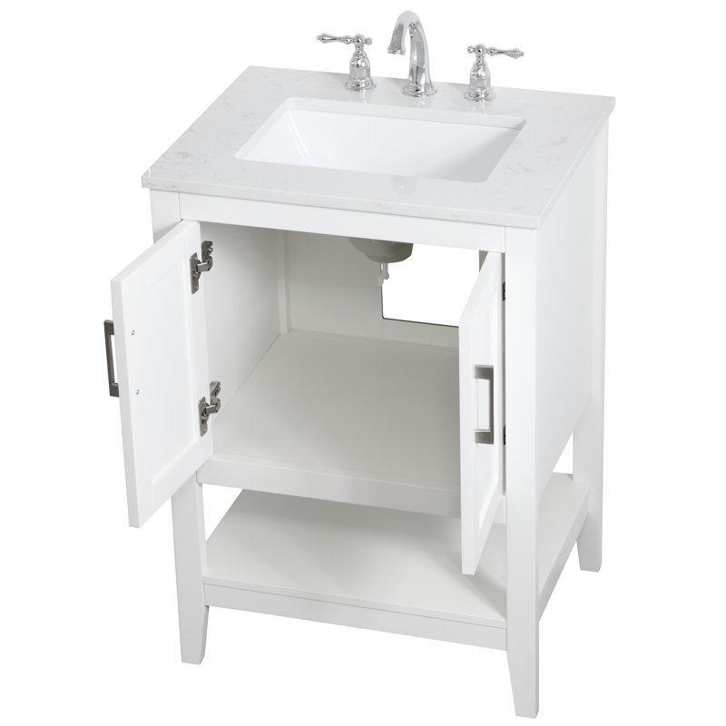 Beyaz Endüstriyel Mermer Tezgahlı ve Açık Raflı Masif Ahşap Banyo Lavabo Dolabı - 61 cm - 200858