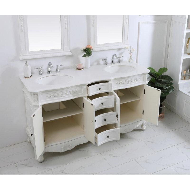 Beyaz Endüstriyel Mermer ve Masif Huş Ağacı İkili Lavabolu Ayaklı Banyo Dolabı - 153 cm - 201076