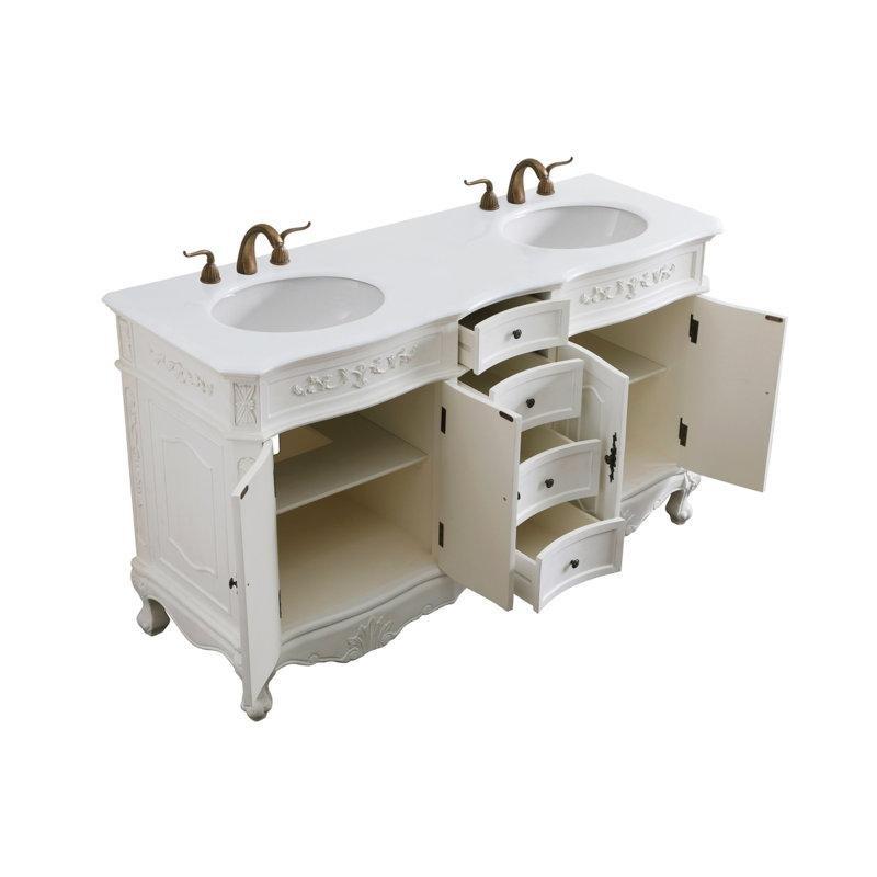 Beyaz Endüstriyel Mermer ve Masif Huş Ağacı İkili Lavabolu Ayaklı Banyo Dolabı - 153 cm - 201076
