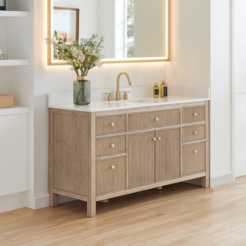Beyaz Endüstriyel Taş Tezgahlı Masif Ahşap Yivli Kapaklı 7 Çekmeceli Banyo Lavabo Dolabı - 153 cm - 198084