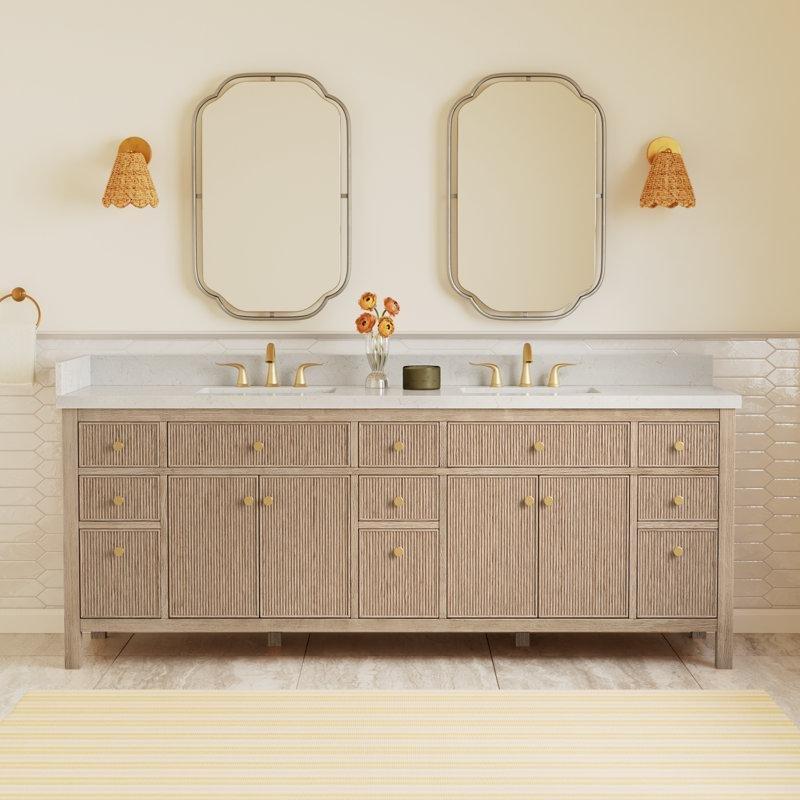 Beyaz Endüstriyel Taş Tezgahlı Masif Ladin Ahşap Yivli Kapaklı İkili Banyo Lavabo Dolabı - 214 cm - 199995