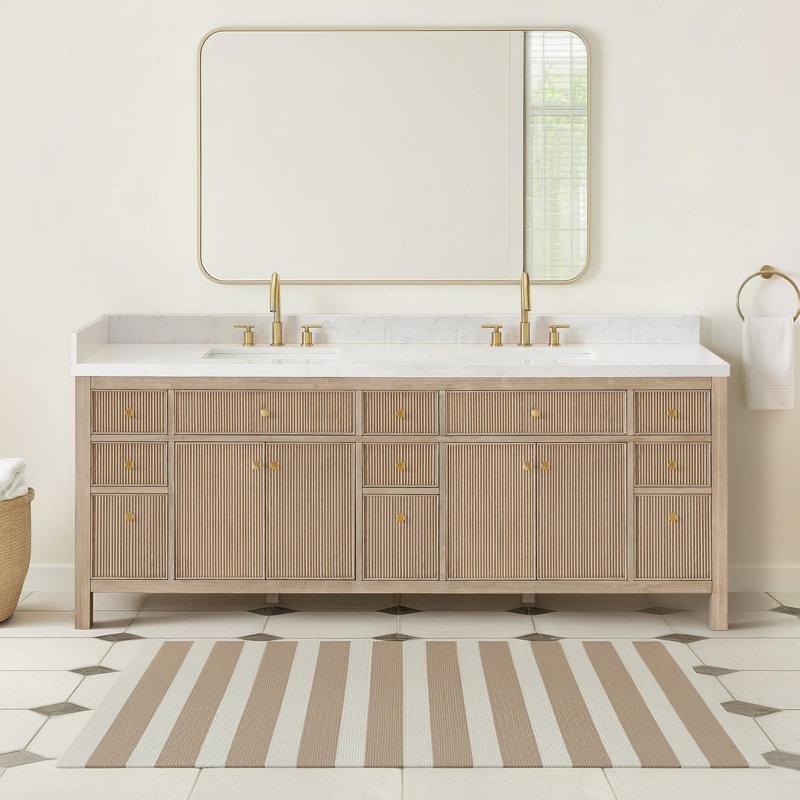 Beyaz Endüstriyel Taş Tezgahlı Masif Ladin Ahşap Yivli Kapaklı İkili Banyo Lavabo Dolabı - 214 cm - 199995