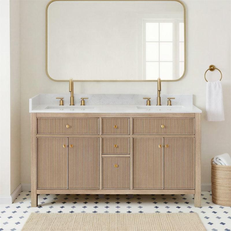 Beyaz Endüstriyel Taş Tezgahlı Masif Ladin Ahşap Yivli Kapaklı İkili Lavabolu Banyo Dolabı - 153 cm - 198225