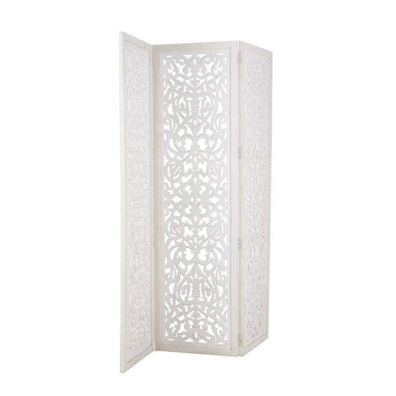 Beyaz Eskitme Ahşap 3 Panelli Katlanır Çiçek Oymalı Paravan - 153x176 cm - 184292
