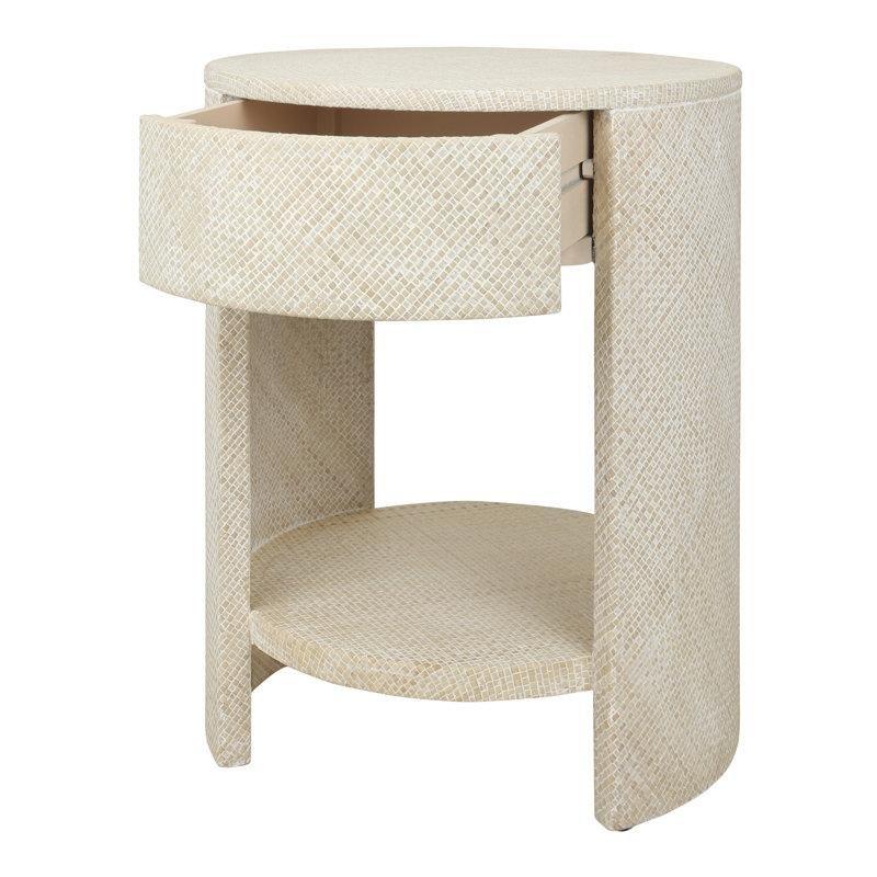 Beyaz Eskitme Masif Ahşap Raflı ve Tek Çekmeceli Yuvarlak Komodin - 47x46 cm - 224289