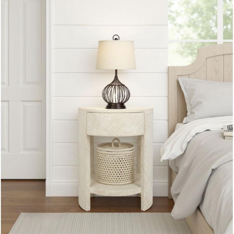 Beyaz Eskitme Masif Ahşap Raflı ve Tek Çekmeceli Yuvarlak Komodin - 47x46 cm - 224289