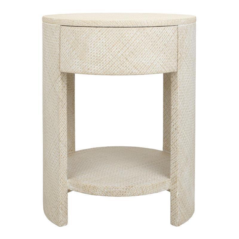 Beyaz Eskitme Masif Ahşap Raflı ve Tek Çekmeceli Yuvarlak Komodin - 47x46 cm - 224289