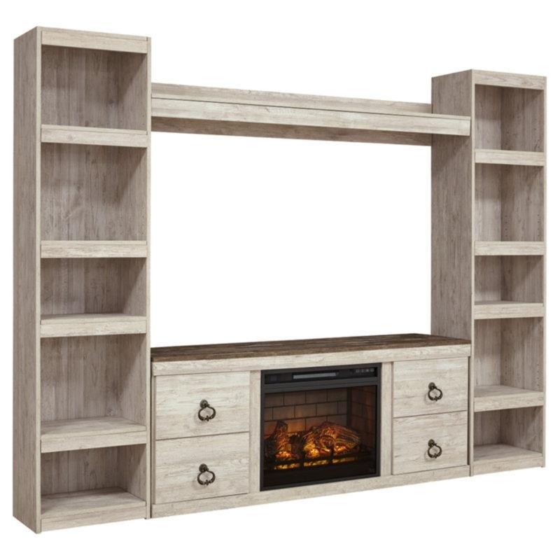 Beyaz Eskitme Şömineli Kitaplıklı MDF TV Ünitesi - 240 cm - 220572