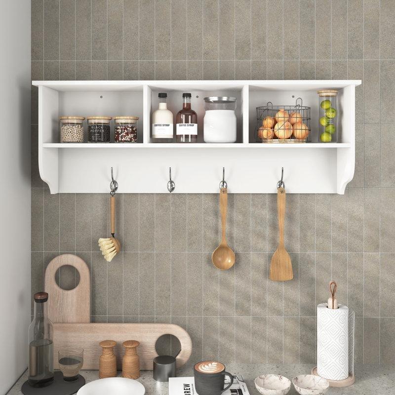 Beyaz Eskitme Tasarım 4 Kancalı 3 Bölmeli MDF Duvar Rafı - 122 cm - 179126