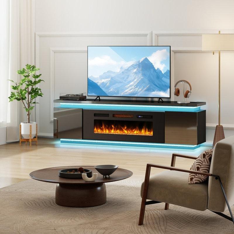 Beyaz Gold Aynalı LED Işıklı 4 Prizli Şömineli MDF TV Ünitesi - 181 cm - 222443
