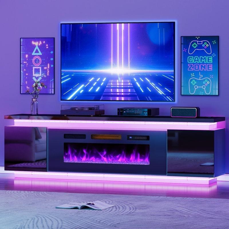 Beyaz Gold Aynalı LED Işıklı 4 Prizli Şömineli MDF TV Ünitesi - 181 cm - 222443
