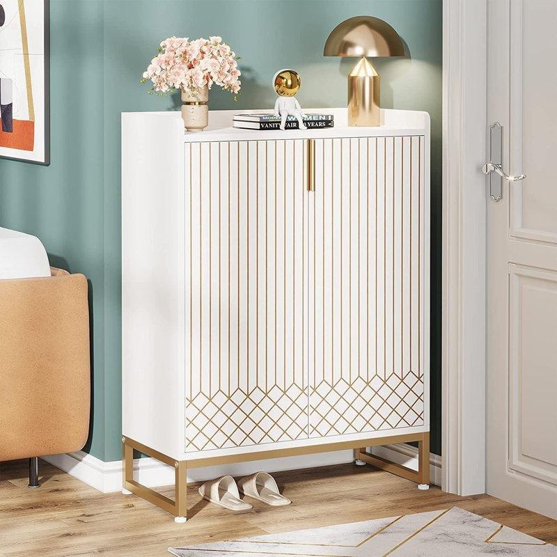 Beyaz Gold Geometrik Desenli 5 Raflı Metal Ayaklı MDF Ayakkabılık - 75x35x105 cm - 230194