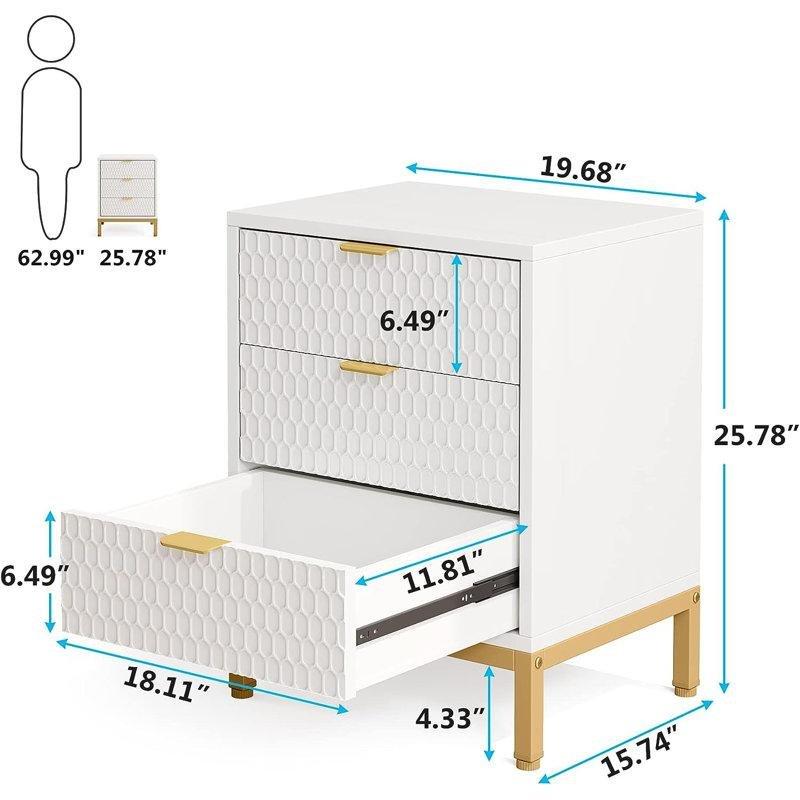 Beyaz Gold Kulplu Petek Desenli Üç Çekmeceli İkili Komodin Seti - 51 cm - 223432