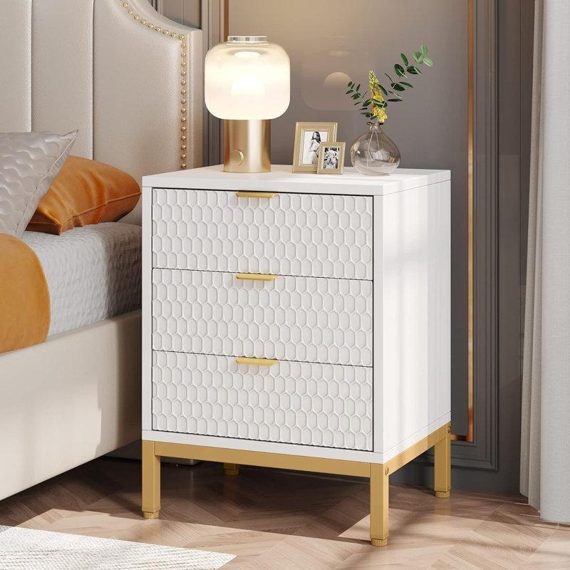 Beyaz Gold Kulplu Petek Desenli Üç Çekmeceli İkili Komodin Seti - 51 cm - 223432