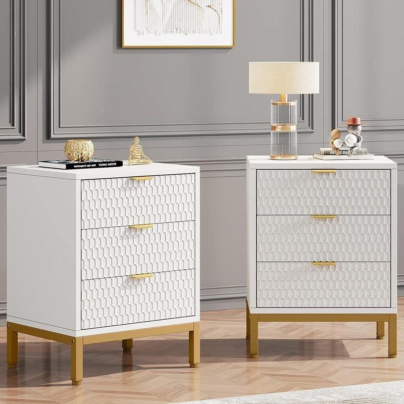 Beyaz Gold Kulplu Petek Desenli Üç Çekmeceli İkili Komodin Seti - 51 cm - 223432