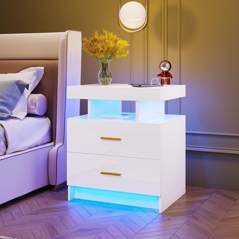 Beyaz Gold Kuluplu LEDli USB Portlu Kablosuz Şarjlı MDF Komodin - 224584