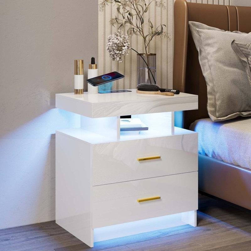Beyaz Gold Kuluplu LEDli USB Portlu Kablosuz Şarjlı MDF Komodin - 224584