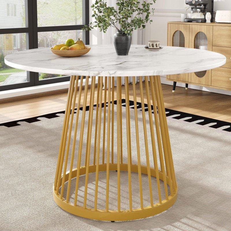 Beyaz Gold MDF Mermer Desenli Metal Ayaklı Yuvarlak Bohem Yemek Masası - 80x76 cm - 235599