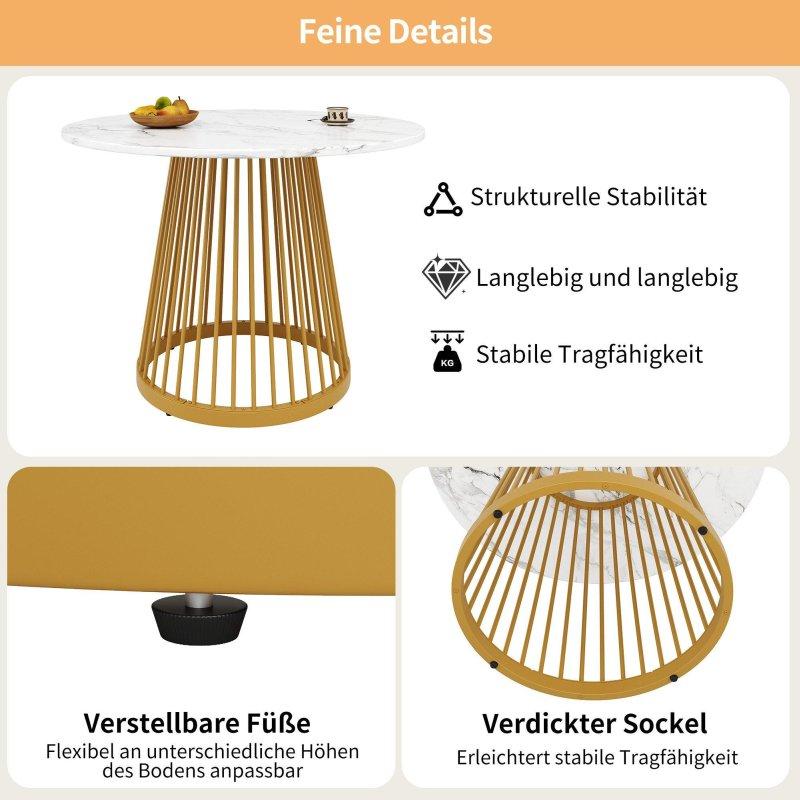 Beyaz Gold MDF Mermer Desenli Metal Ayaklı Yuvarlak Bohem Yemek Masası - 80x76 cm - 235599