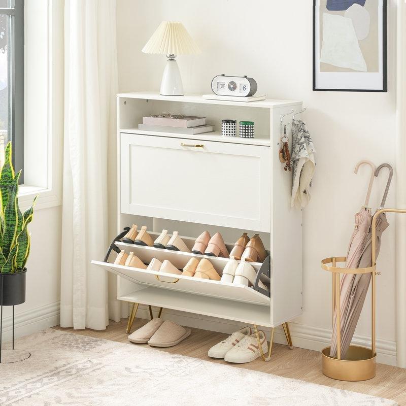 Beyaz Gold Metal Ayaklı 2 Raflı Düşer Kapaklı Ayakkabılık - 75x24x110 cm - 230433