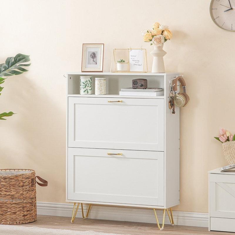 Beyaz Gold Metal Ayaklı 2 Raflı Düşer Kapaklı Ayakkabılık - 75x24x110 cm - 230433