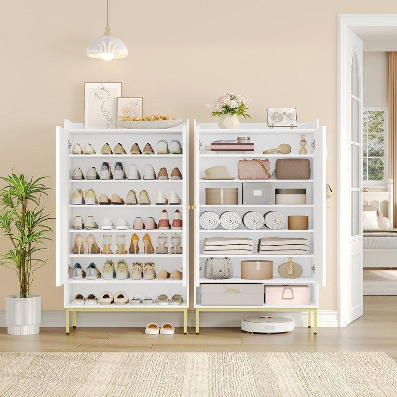 Beyaz Gold Metal Ayaklı 7 Raflı Kapaklı Ayarlanabilir Sunta Ayakkabılık - 80x137 cm - 229771