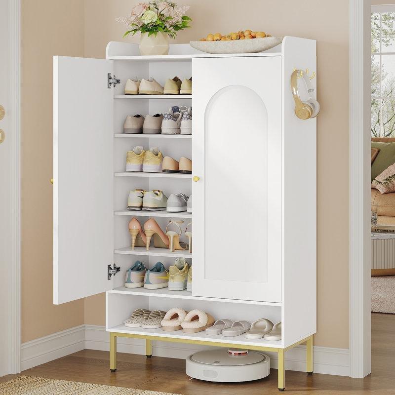 Beyaz Gold Metal Ayaklı 7 Raflı Kapaklı Ayarlanabilir Sunta Ayakkabılık - 80x137 cm - 229771