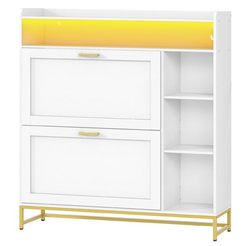 Beyaz Gold Metal Ayaklı LED Işıklı Düşer Kapaklı Suntalam Ayakkabılık - 110x25x118 cm - 227625