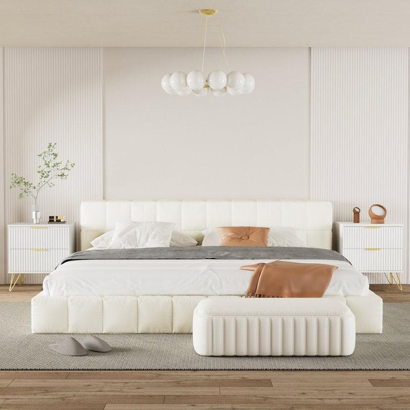 Beyaz Gold Metal Ayaklı Yivli İki Çekmeceli İkili Komodin Seti - 50x40 cm - 223174
