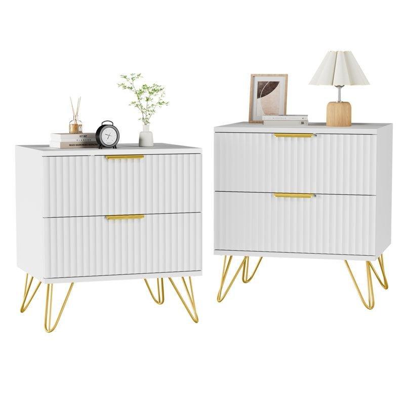 Beyaz Gold Metal Ayaklı Yivli İki Çekmeceli İkili Komodin Seti - 50x40 cm - 223174