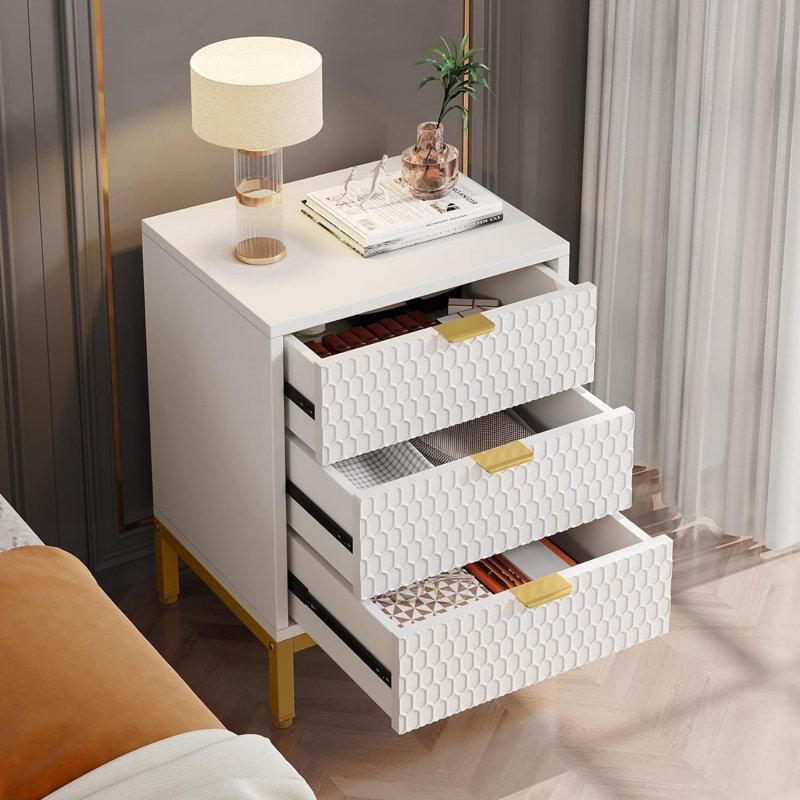 Beyaz Gold Metal Petek Desenli Üç Çekmeceli Komodin - 51 cm - 224530