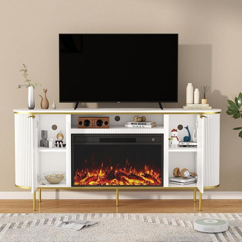 Beyaz Gold Suni Mermer Tablalı Yivli Tasarım Elektrikli Şömineli TV Ünitesi - 219837