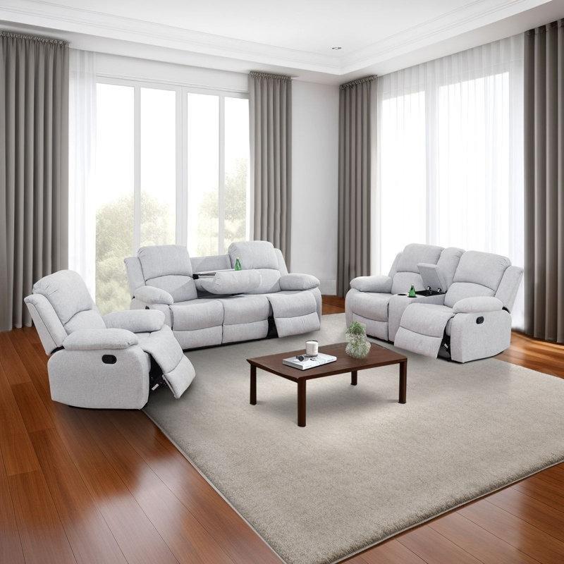 Beyaz Gri Kumaş Manuel Mekanizmalı Yastık Kollu 3 Parça Koltuk Takımı - 192021