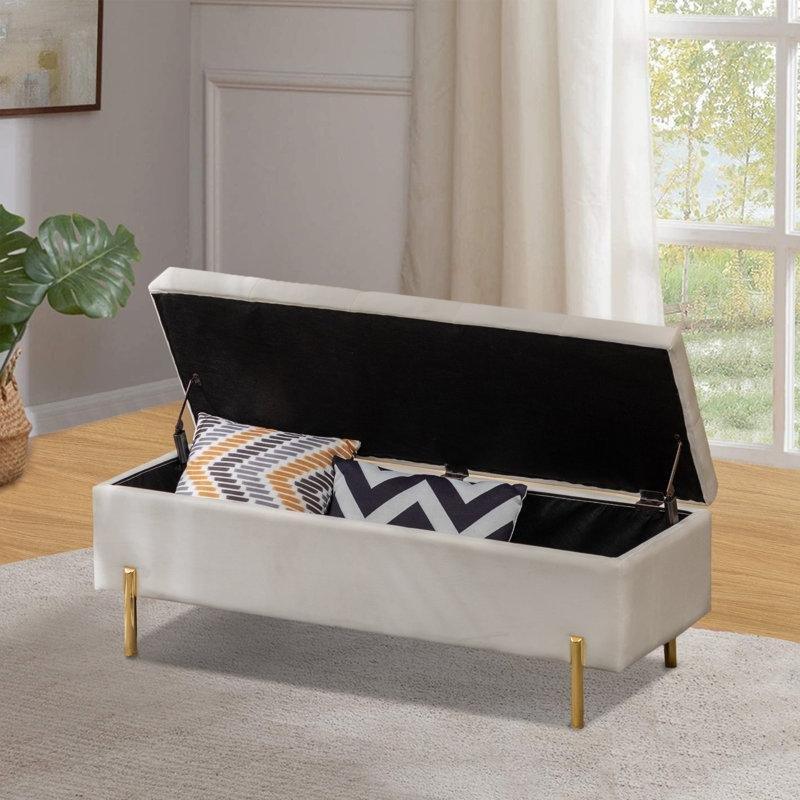 Beyaz Kadife Kapitoneli Gold Metal Ayaklı Sandıklı Bench Modelleri - 115 cm - 164404