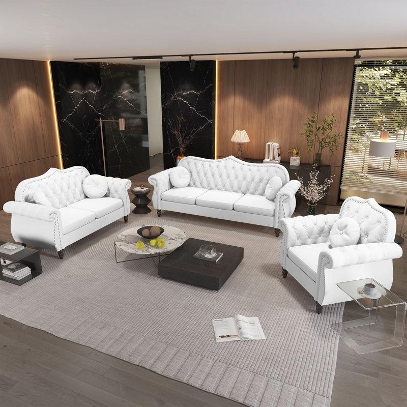 Beyaz Kadife Kapitoneli Zımba Detaylı Chesterfield Koltuk Takımı - 191606