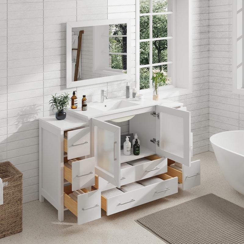 Beyaz Kavak Masif ve Endüstriyel Ahşap Aynalı Çekmeceli Banyo Lavabo Dolabı - 153 cm - 200536