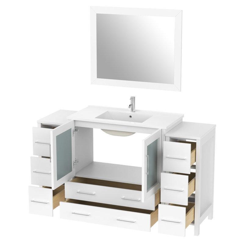 Beyaz Kavak Masif ve Endüstriyel Ahşap Aynalı Çekmeceli Banyo Lavabo Dolabı - 153 cm - 200536