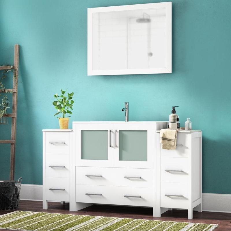 Beyaz Kavak Masif ve Endüstriyel Ahşap Aynalı Çekmeceli Banyo Lavabo Dolabı - 153 cm - 200536