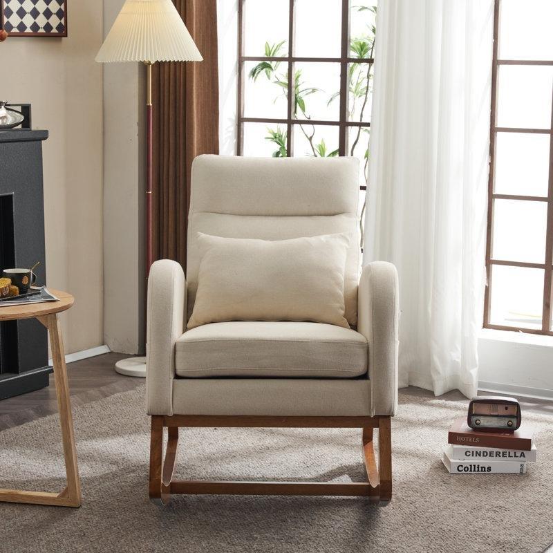 Beyaz Keten Kumaş Masif Ahşap Yüksek Sırtlıklı Sallanan Sandalye - 66x79x94 cm - 217970